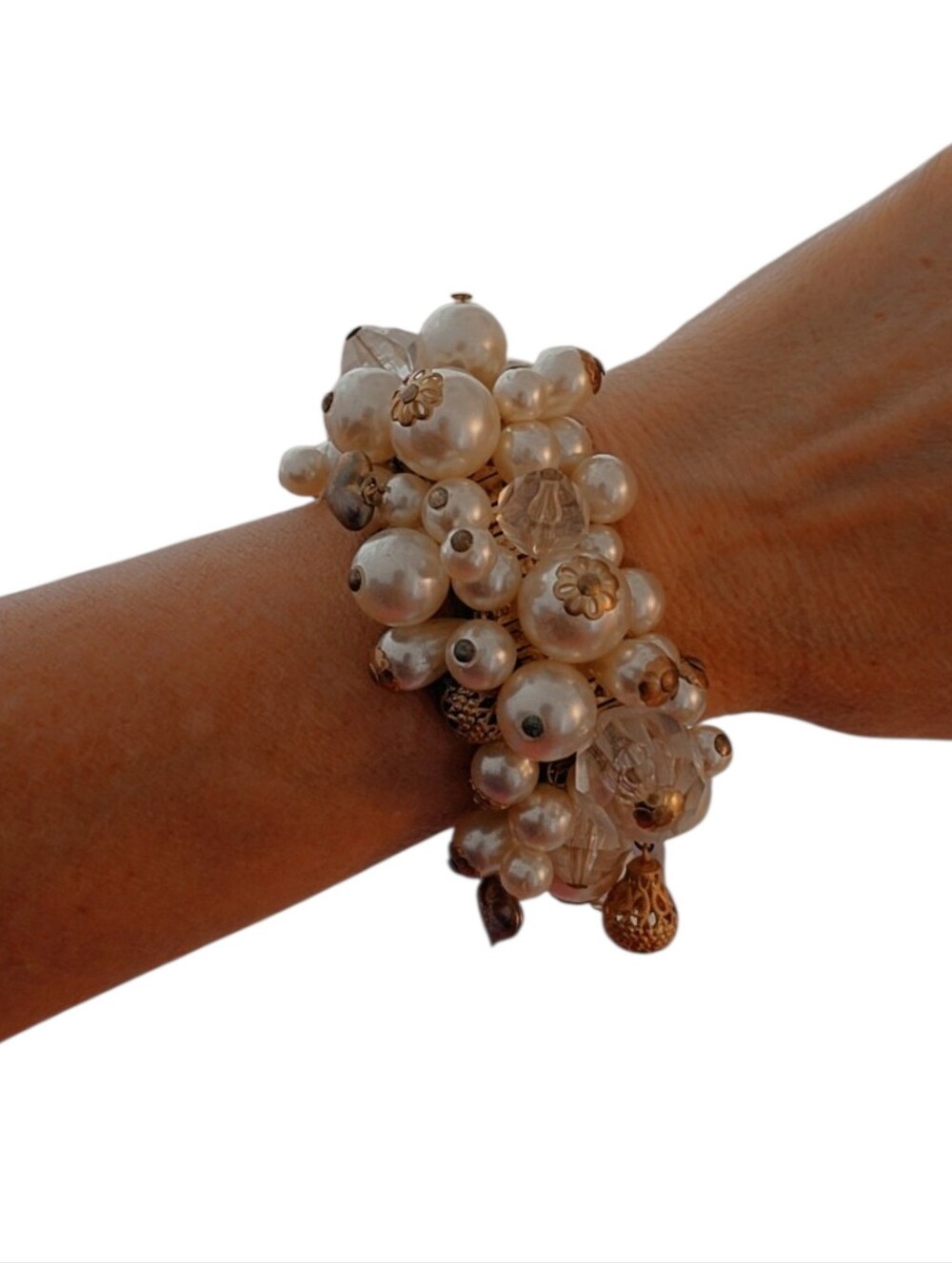 Vintage Cha Cha Pearl Bauble Bracelet Filigree & Lucite Crystal